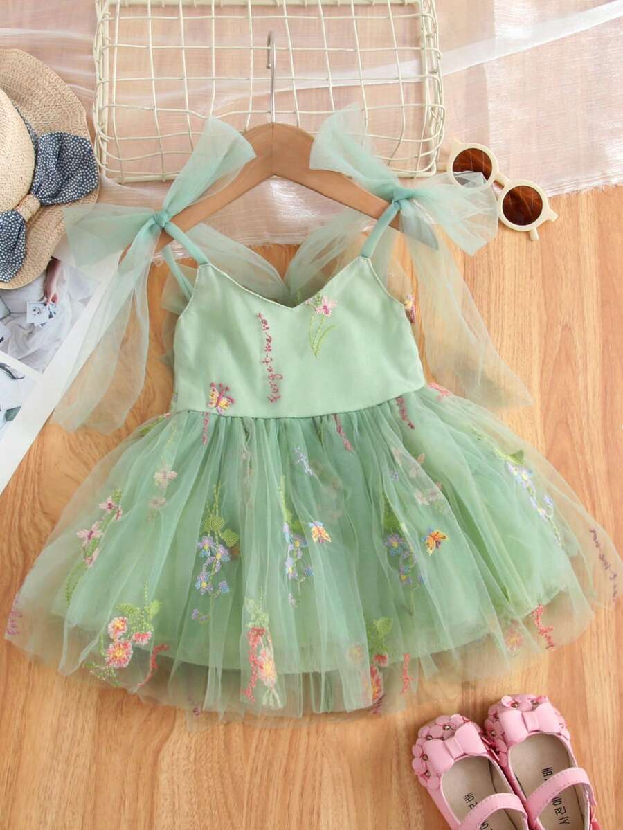 1 件年轻女孩可爱、优雅、华丽、甜美公主裙，带蝴蝶结、刺绣花朵、蓬松网眼芭蕾舞裙，适合派对、海滩和生日礼物，春夏季 - 綠色 - 查看 1