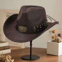Women Men Cowgirl Hat, Vintage Bull Head Roll-Up Wide Brim Western Hat For Daily Party