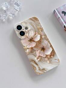 1pc Fashionable Marble Pattern Double Flower Solid Color Matte TPU Shockproof Phone Case, Compatible With IPhone 16/15/14/13/12/11/XSMAX/X/XS/XR/7PLUS/8PLUS/7/8