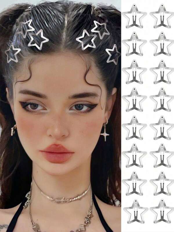 Grampos de cabelo elegantes em forma de estrela prateada multicoloridos, grampos de franja lateral, grampos de cabelo em forma de estrela de cinco pontas, grampos de franjas delicadas, acessórios de cabelo versáteis e modernos