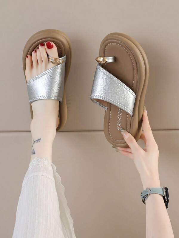 Women's Flat Thick Sole Sandals, New Fashion Silver Toe Post Platform Wedge Slippers, Comfortable Casual Outdoor Summer Shoes