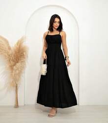 Long Dress With Adjustable Straps, Padded Cups And Lining And Elastic At The Back CREPE DUNNA FABRIC Simple Elegant Casual Party Button Ruched Pleated Bust - Black - View 2