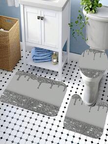 1/4pcs Silver Glitter Water Drop Design Shower Curtain Set, Polyester Fabric Printed Waterproof & Easy-Clean Bathroom Decor Set Includes Shower Curtain, Non-Slip Rug, Toilet Lid Cover, Bath Mat & 12pcs Plastic Hooks, Bathroom Dry/Wet Separation Curtain, Home Essentials, All Seasons Bathroom Accessories Back To School - 彩色 - 查看 5