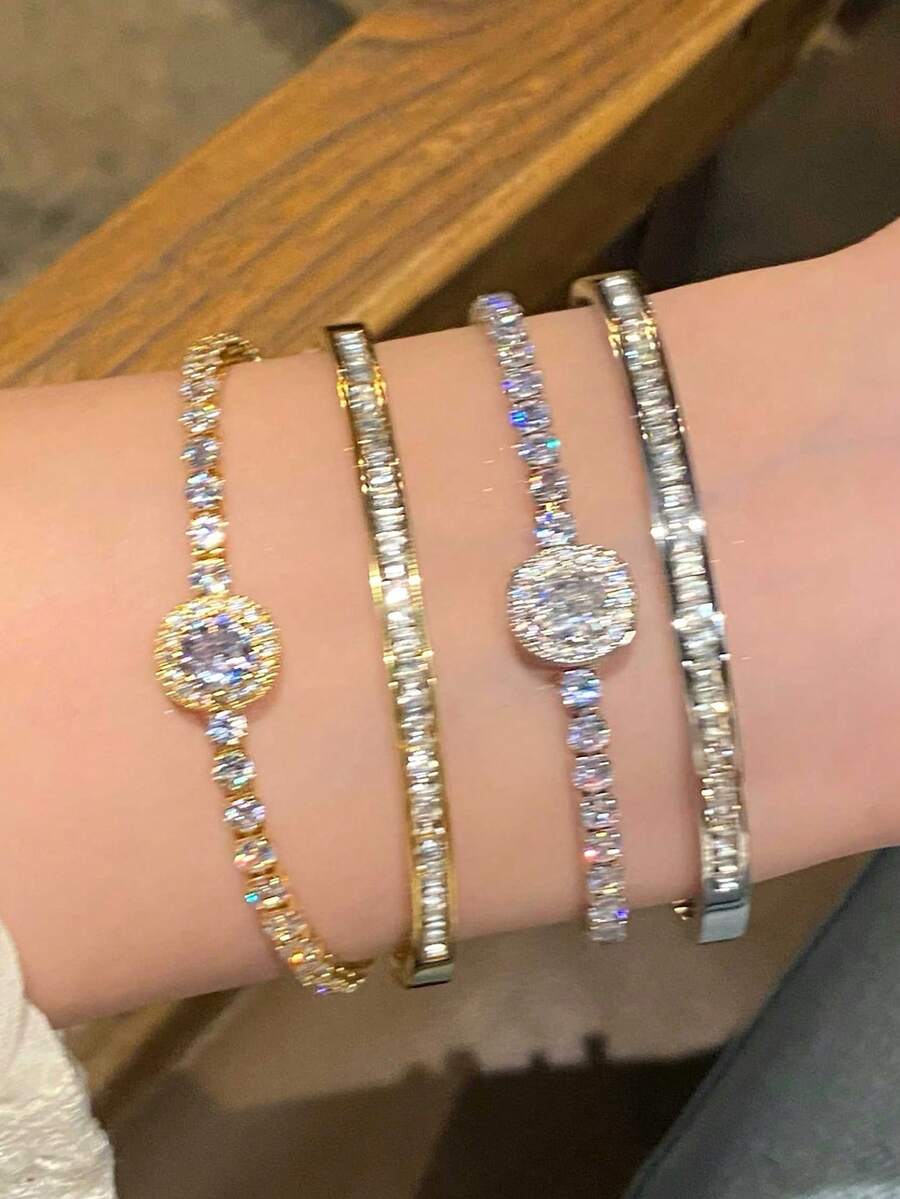 2pcs Set Exquisite Luxury Stainless Steel Starry Plated Gold Bracelet, Tarnish-Resistant Waterproof Jewelry For Women