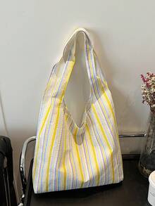 女士大容量休闲条纹帆布单肩包，多功能手提包，适合旅行和日常使用，妈妈钱包 - 黃色 - 查看 2