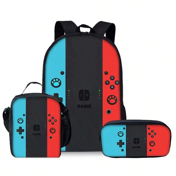 Game Console Pattern Printed Backpack Three Pieces Set (Single-Layer Backpack + Shoulder Strap Lunch Bag + Single-Layer Pencil Bag) School Bag