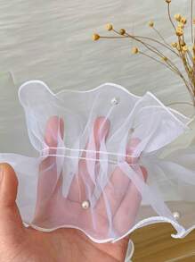 1 rollo/1M 12cm Cinta de encaje de tul plisado denso con cuentas, cinta de satén con diseños florales para manualidades y embalaje, adorno fruncido de organza brillante con perlas