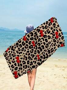 1pc Leopard Print And Cherry Sized Beach Towel, Ultra-Fine Fiber Quick Drying Absorbent Sand Proof Beach Towel, Suitable For Travel, Swimming Pool, Diving, Surfing, Yoga, Camping, Motorcycle Club Gatherings, Essential For Summer Beach Travel, Multifunctional Beach Towel For Vacation Bathroom Decoration, Available In Multiple Colors, Beach Accessories, Pool Float - Hot Pink - View 6