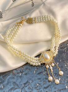 1 Stück elegante französische Hofstil mehrschichtige Halskette mit Kunstperlen für Frauen, modisches Schmuckzubehör geeignet für Party, Hochzeit, Verlobung, Geschenk
