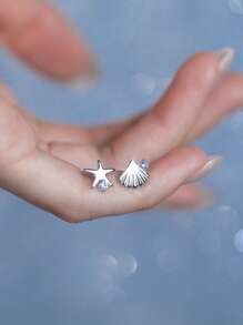 Aretes asimétricos de plata de ley 925 con diseño sofisticado de estrella de mar y concha con circonita, adecuados para uso diario y para piercings sensibles, ideal como regalo para mujeres, madres, novias (Pascua, Día de San Valentín)