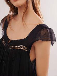 Women Lace Trim Mini Dress Ruffle Flowy Babydoll Dress Spaghetti Strap Loose Sundress Boho Going Out Dresses - 黑色 - 查看 5