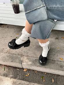 DareSee 女士黑色亮面可拆卸蝴蝶结装饰平底鞋，百搭低跟休闲鞋，适合所有季节，情人节、音乐节、Y2K 节、秋季、圣诞节、冬季圣诞节等场合，是理想的圣诞礼物之选。