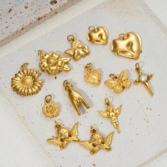 1 pieza de accesorios para dije de acero inoxidable con serie de flores de mariposa ángel con cruz, diamantes incrustados y diseño de patrón de martilleo clásico en forma de corazón