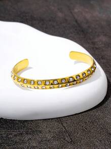 1pc Double Row Crystal C-Shape Open Bangle Bracelet, 18K Gold Stainless Steel Plating, Fashion Jewelry Suitable For Women's Daily Wear