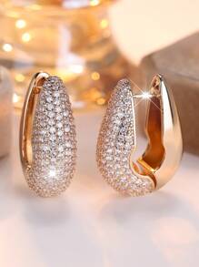 1 par de brincos de argola luxuosos com zircônia cúbica branca incrustada, banhados a ouro rosa - joias elegantes para casamentos, festas e uso diário