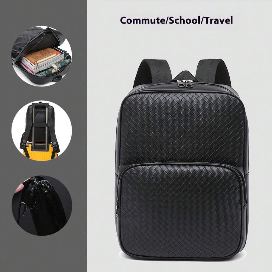 2025 New PU Woven Texture Backpack, Unisex College Student Backpack, Casual Backpack, Korean Style Simple Outdoor Travel Bag Large Capacity Bag