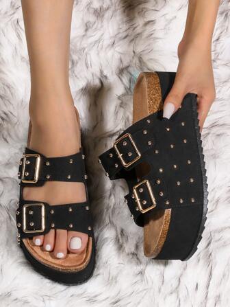 女士夏季休闲凉鞋，沙滩厚高跟坡跟厚底波西米亚拖鞋，时尚假日扣带户外婚礼派对家居服