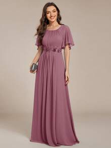 优雅刺绣荷叶袖褶皱雪纺浅粉色伴娘礼服，正式场合礼服，婚礼宾客服装 - 藕粉色 - 查看 3