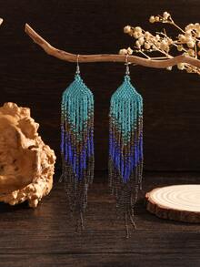 SOUL BEADING Handmade Beaded Earrings Bohemian Style Earrings Vintage Style Earrings Blue Green Color Block Dark Tone Tassel Drop Earrings Women's Fashion Earrings 2025 New Earrings Suitable For Daily Wear Vacation Party Holiday Gift Choice - Multicolor - View 4