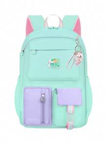 1 pieza Mochila con bloques de color adorable de dopamina (con colgante adorable), mochila grande para niñas, material de poliéster, cierre con cremallera, adecuada para la escuela, el trabajo, el viaje diario, de vuelta a la escuela como regalo