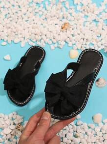 1 Pair Black Toddler/Girls' Flat Beach Sandals, Soft Fabric Butterfly Decor Slip-On Round Toe Design, Fashion & Cute Roman-Style Home Slippers Suitable For 3-15 Years Old Girls Daily, Beach, Vacation, Summer New
