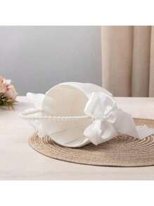1pc Lace Flower Girl Basket,Wedding Flower Youngsters Basket, Basket With Lovely Pearl Handle Bow, Satin Flower Basket Suitable For Wedding Ceremony - Ivory And White