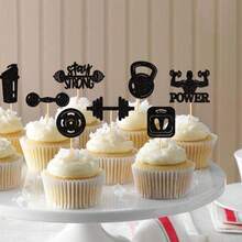 Juego de decoraciones de decoradores de cupcakes de gimnasio de brillo negro, que incluye formas de bíceps, mancuernas, pesas y abdominales, perfecto para decoraciones de fiesta o cumpleaños con tema de aptitud física, decoraciones de pastel, decorador de pasteles, herramientas de decoración de pasteles - Negro - Ver 1