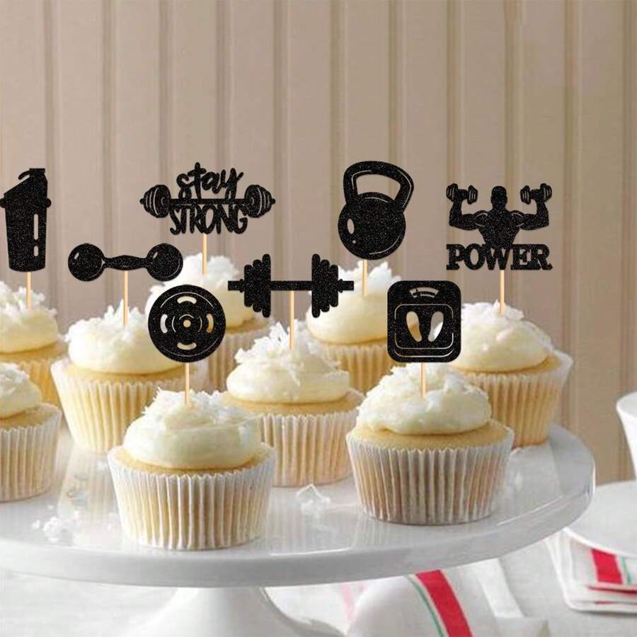 Juego de decoraciones de decoradores de cupcakes de gimnasio de brillo negro, que incluye formas de bíceps, mancuernas, pesas y abdominales, perfecto para decoraciones de fiesta o cumpleaños con tema de aptitud física, decoraciones de pastel, decorador de pasteles, herramientas de decoración de pasteles - Negro - Ver 1