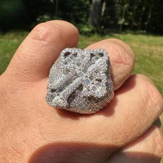 1pc Luxury Cubic Zirconia Encrusted Cross Engrave 925 Silver Plated Hiphop Ring, Suitable For Men's Daily Wear
