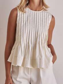 Womens Slim Pleated Tank Tops Solid Color Round Neck Sleeveless Ruffed Hem Casual Shirts Summer Streetwear - White - View 1