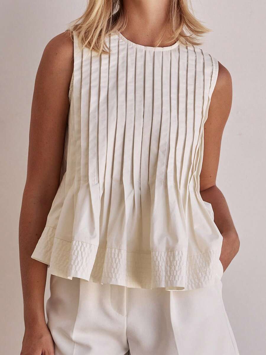 Womens Slim Pleated Tank Tops Solid Color Round Neck Sleeveless Ruffed Hem Casual Shirts Summer Streetwear - White - View 1