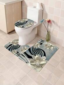 1 pièce/4 pièces Set de décoration de salle de bain multifonctionnel avec fleurs strass - Rideau de douche avec 12 crochets, tapis de bain, tapis en forme de U, couvercle de toilette rond, convient à tous les environnements de salle de bain, retour à l'école
