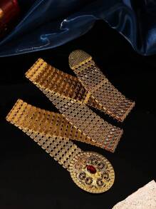1 pieza Cinturón de bata marroquí chapado en oro metálico, con patrón floral grabado y acentos de rubí sintético, cinturón de joyería para batas de damas árabes, bodas y fiestas