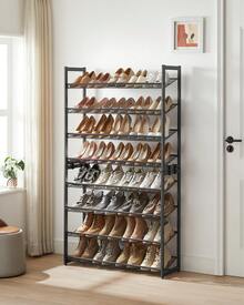 Étagère à Chaussures à 8/12 Niveaux, Étagère à Chaussures Empilable, Étagère de Rangement en Métal, Planches Réglables, 30,7 x 92,5 x 163,5/30,7 x 92,5 x 223 cm, 32-40/48-60 Paires, Noir - Noir - Voir 1