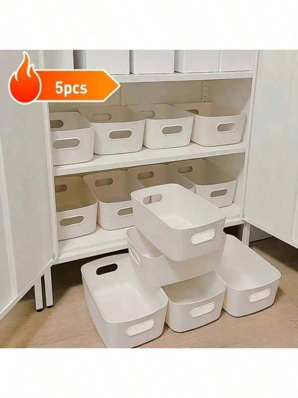 5 White Storage Boxes, Desktop Organizer, Household Cosmetics Storage Box, Bathroom/Kitchen/Bedroom Miscellaneous And Snack Storage Box, Kitchen Refrigerator Food Storage Box, Classroom Pen Storage Box, Desktop Organizer, Storage Storage Box, Office Storage, Plastic Organizer Box, Toy Storage Box, Back To School Supplies, College Dormitory Essentials