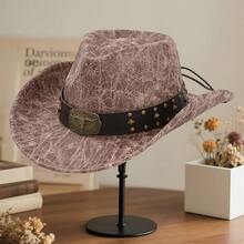 Women Men Cowgirl Hat, Vintage Bull Head Roll-Up Wide Brim Western Hat For Daily Party - 深卡其色 - 查看 4