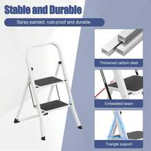 LILIIN Folding Stepladder - 2/3/4 Steps, Stepladder With Wide Pedals, Steel Construction, Anti-Slip Feet, Load Capacity Up To 150 Kg, Folding Ladder For Home, Warehouse, Garage, Space-Saving, Black And White - Black and White - View 2