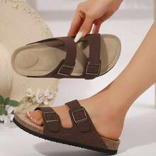 Women Sandals Slip On Comfortable Adjustable Buckle Cork Footbed Easy Wear - Dark Brown - View 8