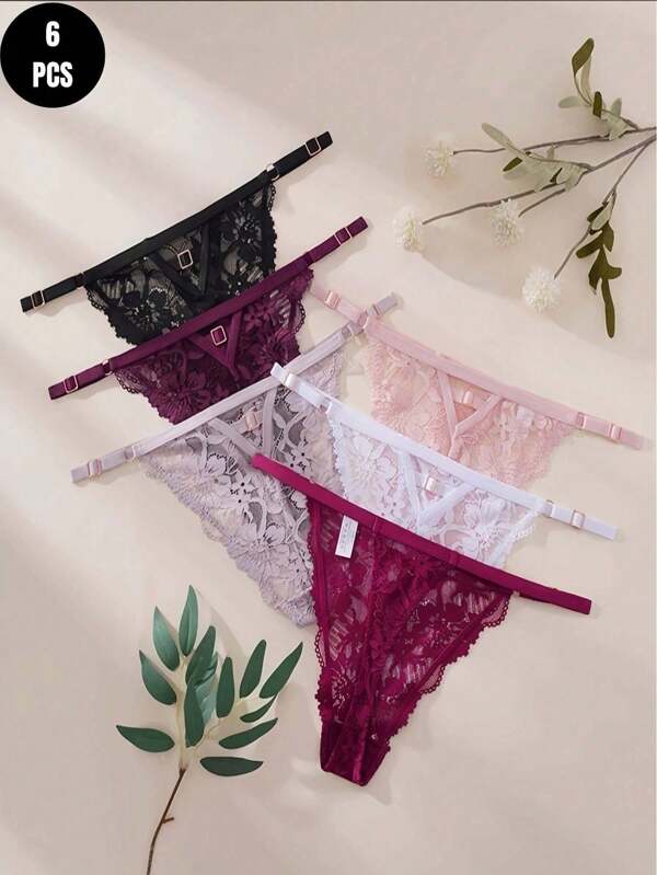 6pcs Solid Color Low Waist Sexy Lace Thong Panties, Luxurious Ladies' Sentimental Lingerie T-Pants, Hollow Breathable Seamless Thong Underwear, Transparent Triangle Briefs