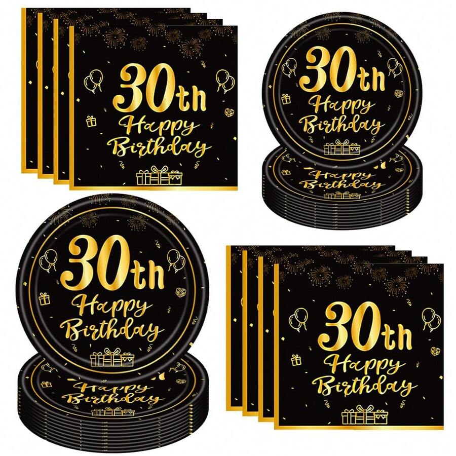 10 件/20 件/40 件/60 件/套,30 岁生日派对装饰 30 岁主题生日派对餐具复古 1995 年派对用品 30 岁生日派对装饰盘子餐巾黑色和金色餐具男士女士礼品餐桌装饰万圣节餐桌装饰 - 黑色30歲 - 查看 1
