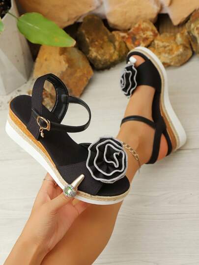 Sandali con zeppa e platform da donna, con cinturino regolabile e decorazione a forma di rosa, scarpe estive comode e casual