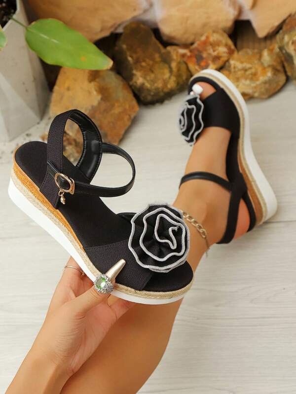Women's Fashion Wedge Platform Sandals, Adjustable One-Strap With Rose Decorative Patch, Comfortable And Casual Summer Shoes