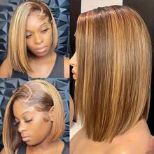8 10 12 14 Inch 200% Density 13x4 HD Transparent Bob Lace Front Wigs Brazilian Virgin Wig Ear To Ear Straight Highlight Human Hair Blended Hair Glueless Lace Frontal Wigs Pre Plucked With Baby Hair Bone Straight