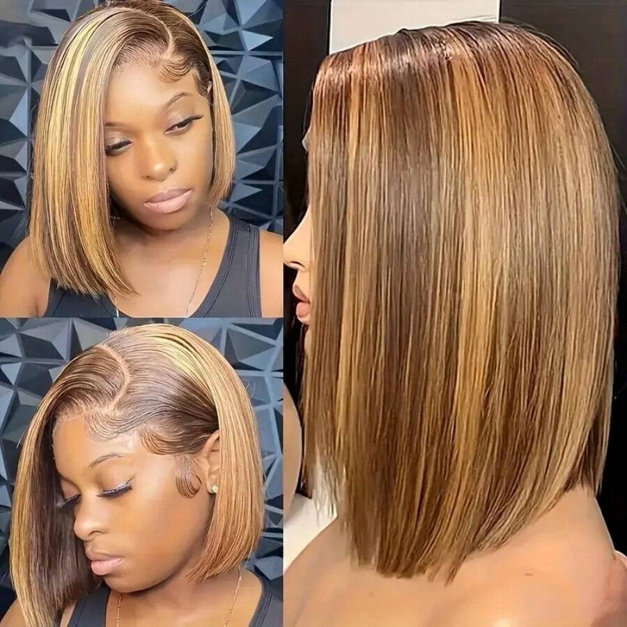 8 10 12 14 Inch 200% Density 13x4 HD Transparent Bob Lace Front Wigs Brazilian Virgin Wig Ear To Ear Straight Highlight Human Hair Blended Hair Glueless Lace Frontal Wigs Pre Plucked With Baby Hair Bone Straight