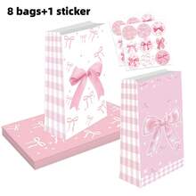 [4/8/12 Pcs Set] Fashionable Pink Bow Gift Bags (With Decorative Stickers), Elegant For Birthday/Bachelorette/Engagement/Bridal Shower Decor - Multicolor - View 11