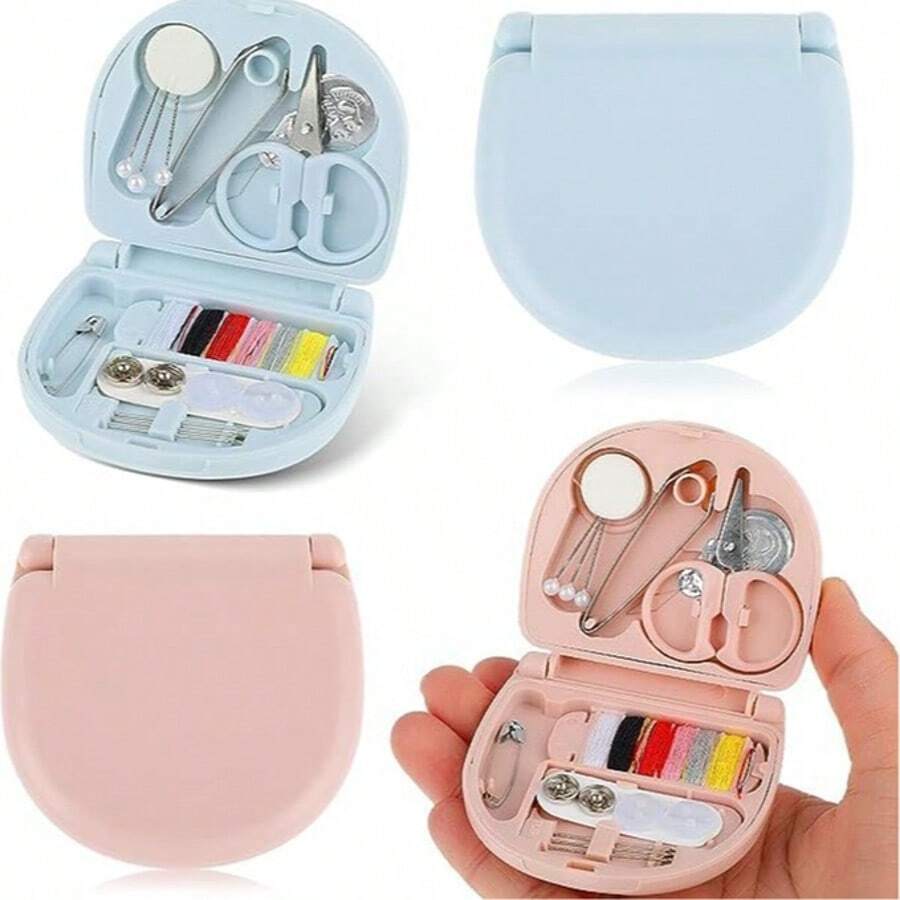1 Portable Sewing Set With Mini Scissors, Various Buttons And Threads - Perfect For Travel And Emergency Situations, Travel Sewing Set - Pink - View 1