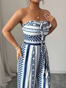 女士休闲优雅海滩波西米亚风露背系带连体裤，适合度假、旅行、夏季连体裤和返校季 - 藍白色 - 查看 4