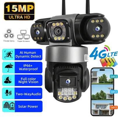 SWVW 12MP 6K HD 4G Karta SIM Kamera IP 10X Zoom Zewnętrzna Trzy Obiektywy Trzy Ekrany PTZ CCTV Automatyczne Śledzenie Wideo Nadzór Bezpieczeństwo Ochrona,4G Zewnętrzne I Wewnętrzne Kamery Bezpieczeństwa Domowego, Bezprzewodowe Kamery 4G, Kamery IP, Kamery PTZ, Kamera Pierścieniowa