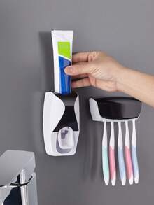 2pcs/Set Toothbrush Holder, With Automatic Toothpaste Dispenser, Without Punching Holes, Wall-Mounted Fully Automatic Toothbrush Holder And Toothpaste Dispenser Set, Dustproof, Space-Saving Bathroom Organizer, Plastic Material - Multicolor - View 2
