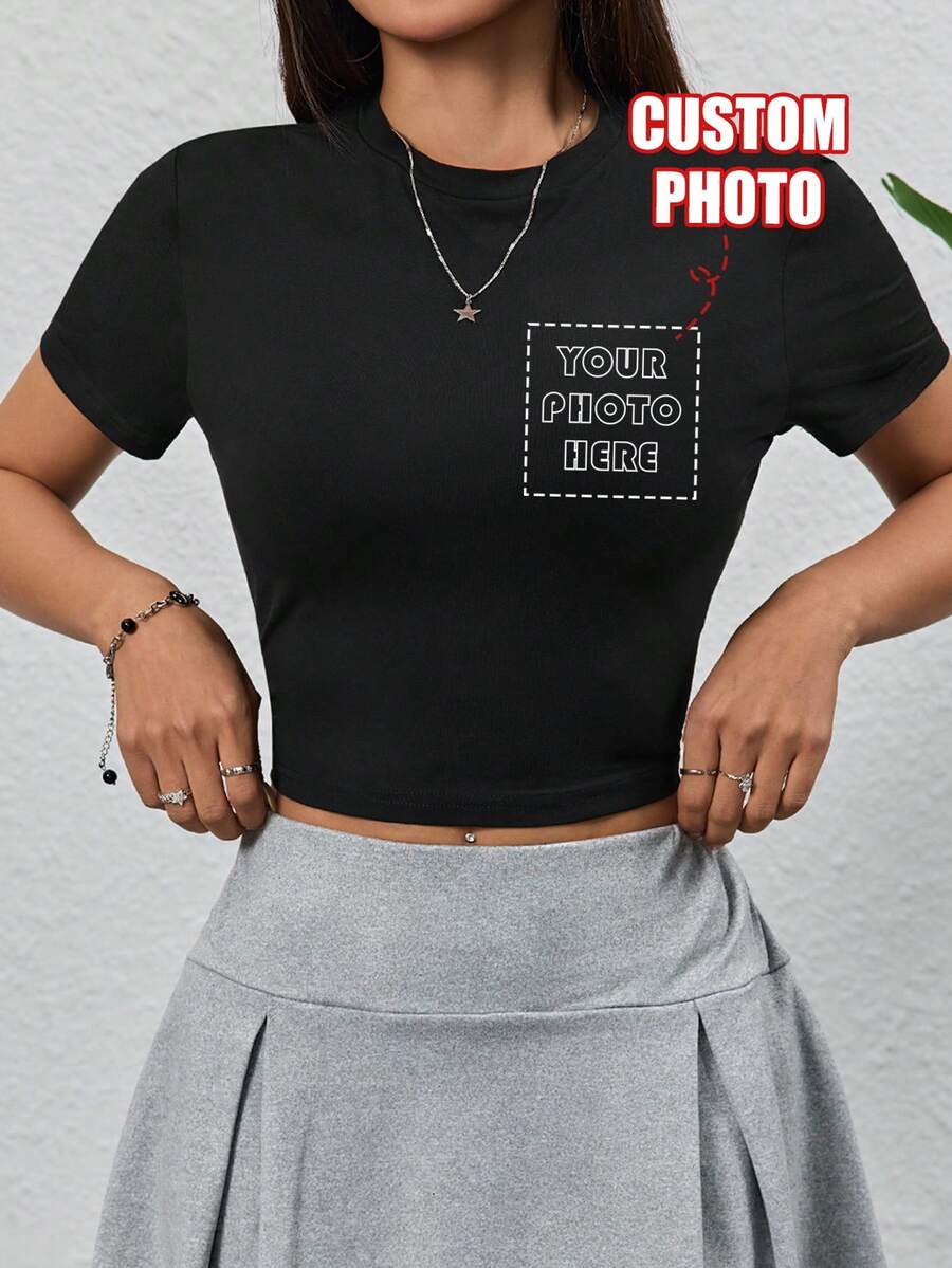 客製化女款短袖T恤,可添加照片(自拍照/圖案/Logo/寵物/家庭照等),運動風格,個性化禮物 - 黑色 - 查看 1